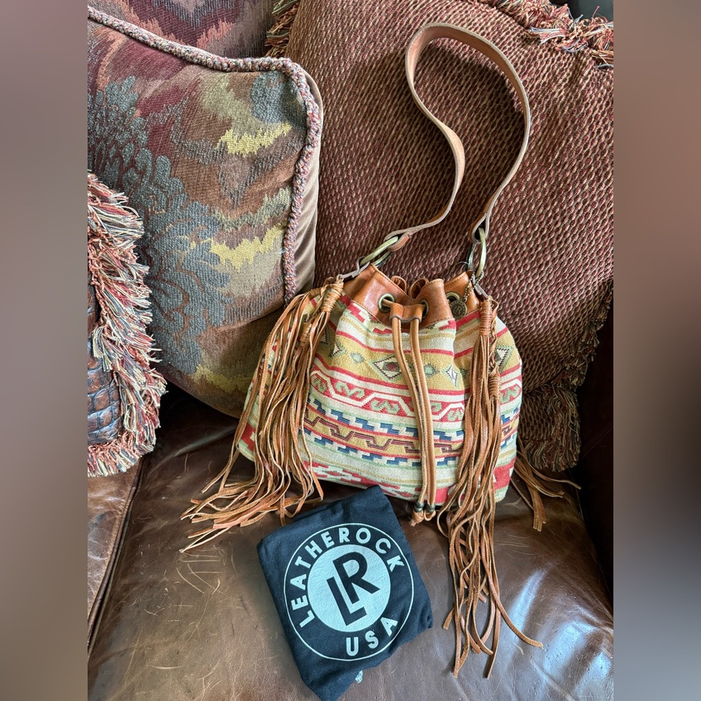 NWT Leatherock Aztec Blanket Soft Leather Tassel Hobo Cinch Shoulder  Bag Purse